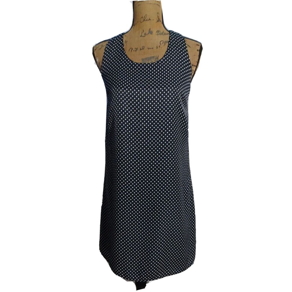 Pixley Dress SMALL Navy Blue White Polka‎ Dot Shift Bow Tie Back Lined PRETTY